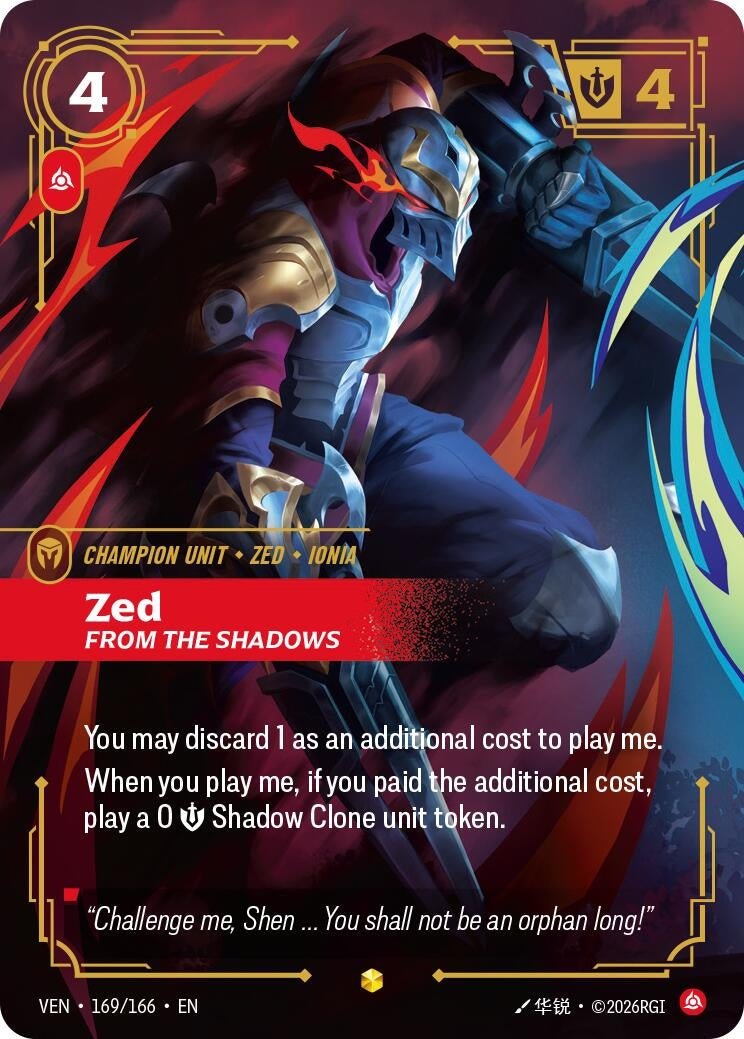 Image for Zed - From the Shadows (Overnumbered) (169/166) [Vendetta] - Riftbound: League of Legends Trading Card Game