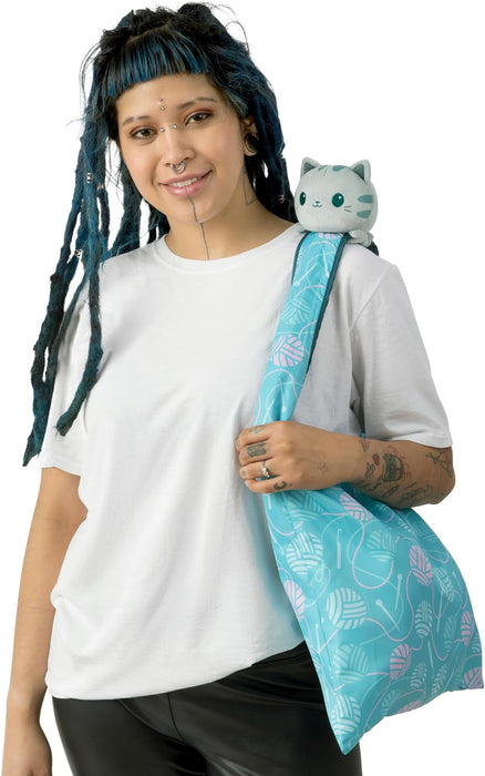 Plushie Tote Bag: Light Blue Knitting Tote Bag + Light Gray Cat Plushie