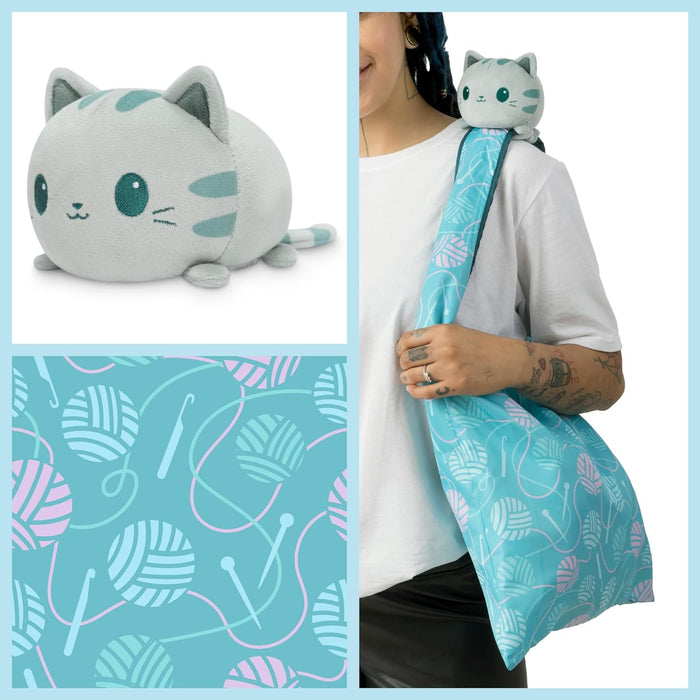 Plushie Tote Bag: Light Blue Knitting Tote Bag + Light Gray Cat Plushie