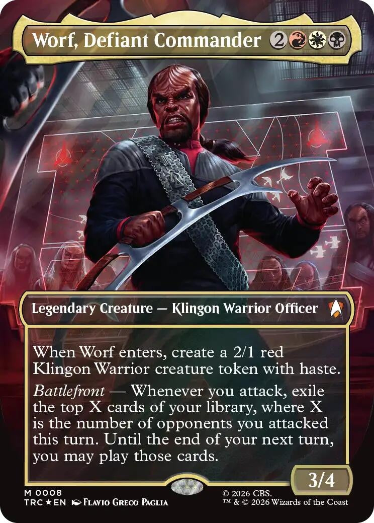 Image for Worf, Defiant Commander (Borderless) (Surge Foil) (8) [Commander: Star Trek] - Magic: The Gathering