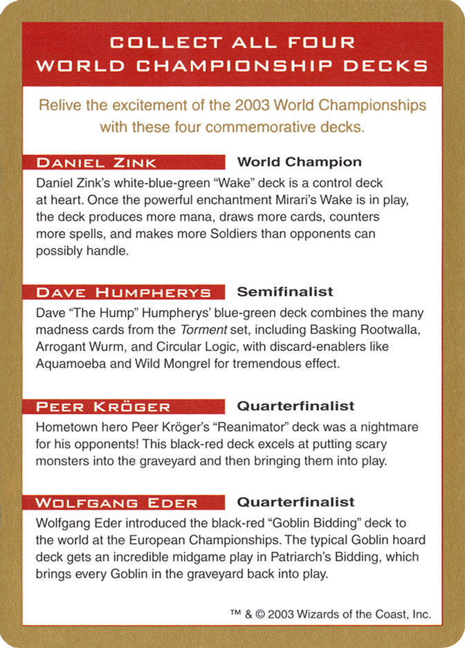 2003 World Championship Advertisement Card [World Championship Decks]