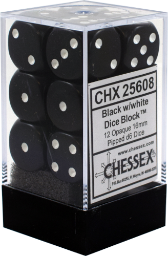 CHESSEX DICE:  Opaque: 16mm D6 Black/White 12 count (CHX 25608)