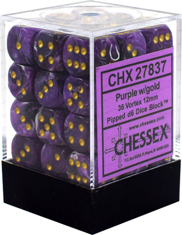 CHESSEX DICE: Vortex 12mm D6 Purple w/ Gold Dice Block (36 Dice) (CHX 27837)