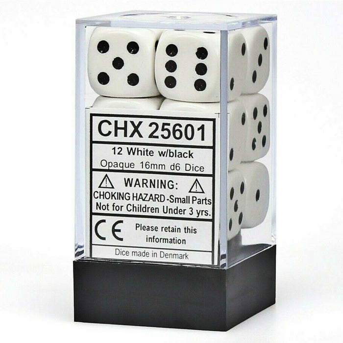 CHESSEX DICE:  Opaque: 16mm D6 White/Black 12 count (CHX 25601)