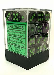 CHESSEX DICE: 12mm D6 Black-Grey/green Dice Block (36 Dice) (CHX 26845)