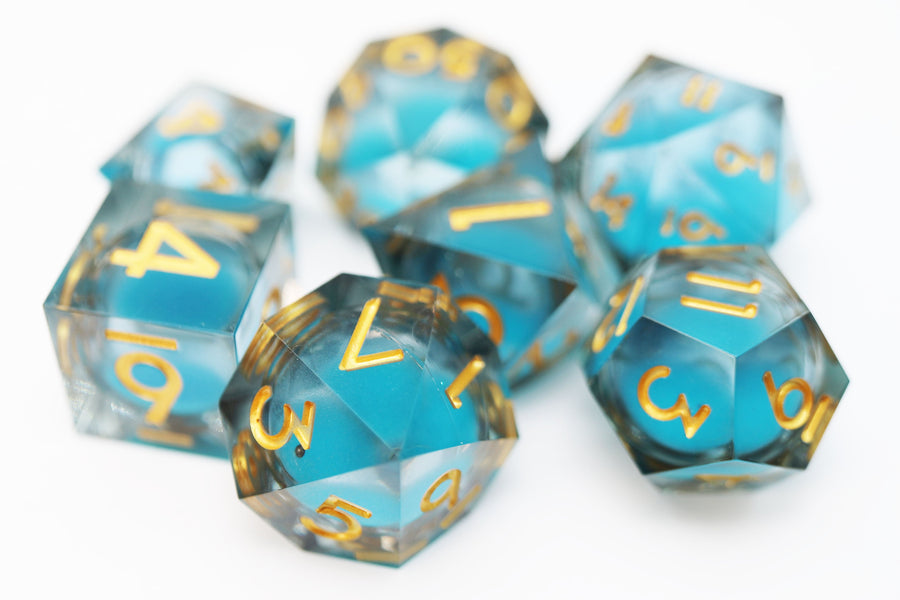 Sharp Edge Glow in the Dark Liquid Core RPG Dice Set - Blue Specter