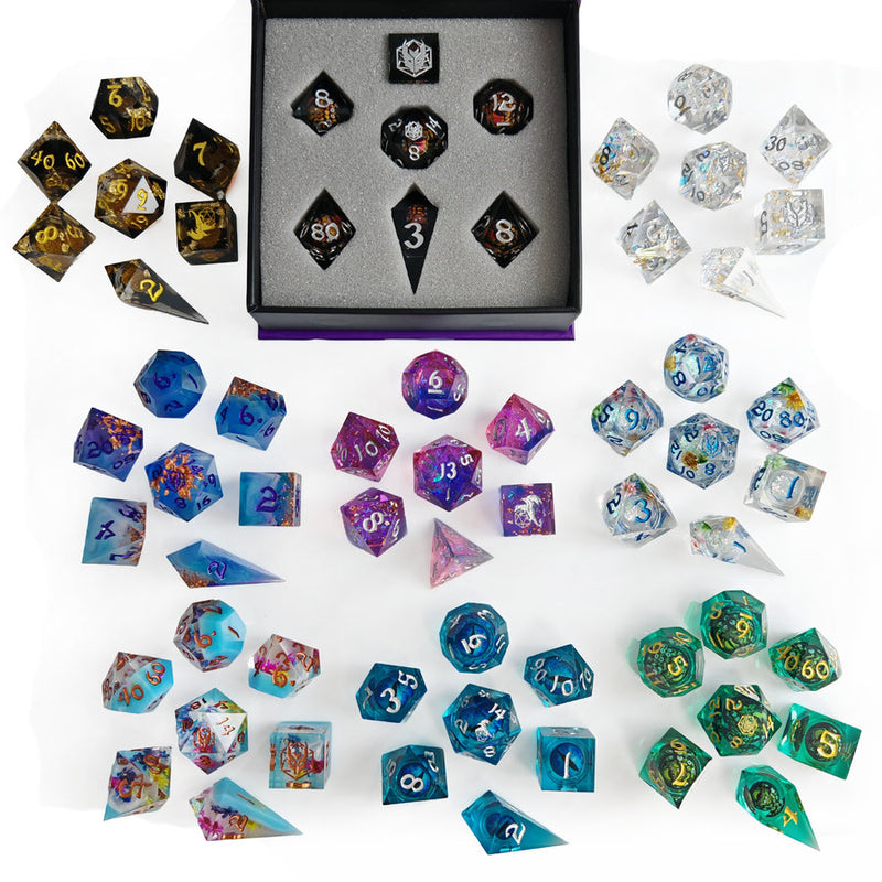 Mystery Set of 7 Hand Sanded Sharp Edge Resin Polyhedral RPG Dice