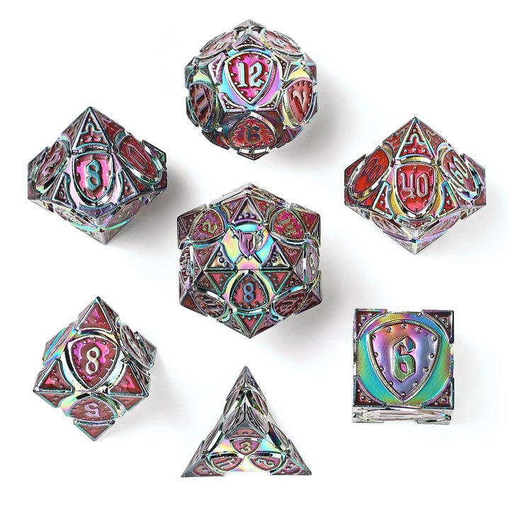 Solid Metal Fighter RPG Dice Set - Rainbow w/ UV-Reactive Pink