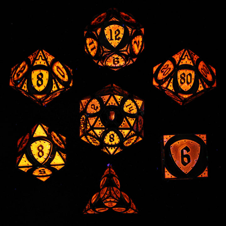 Solid Metal Fighter RPG Dice Set - Rainbow w/ UV-Reactive Pink