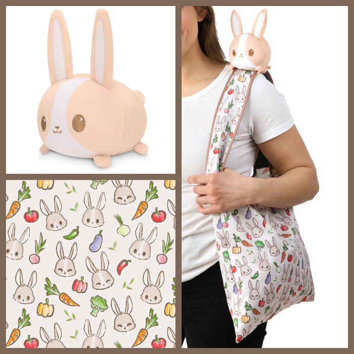 Plushie Tote Bag: Light Brown Bunnies & Veggies Tote Bag + Light Brown Bunny Plushie