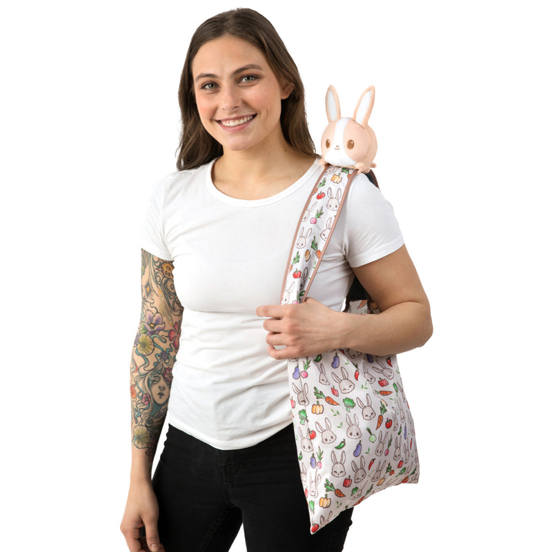 Plushie Tote Bag: Light Brown Bunnies & Veggies Tote Bag + Light Brown Bunny Plushie