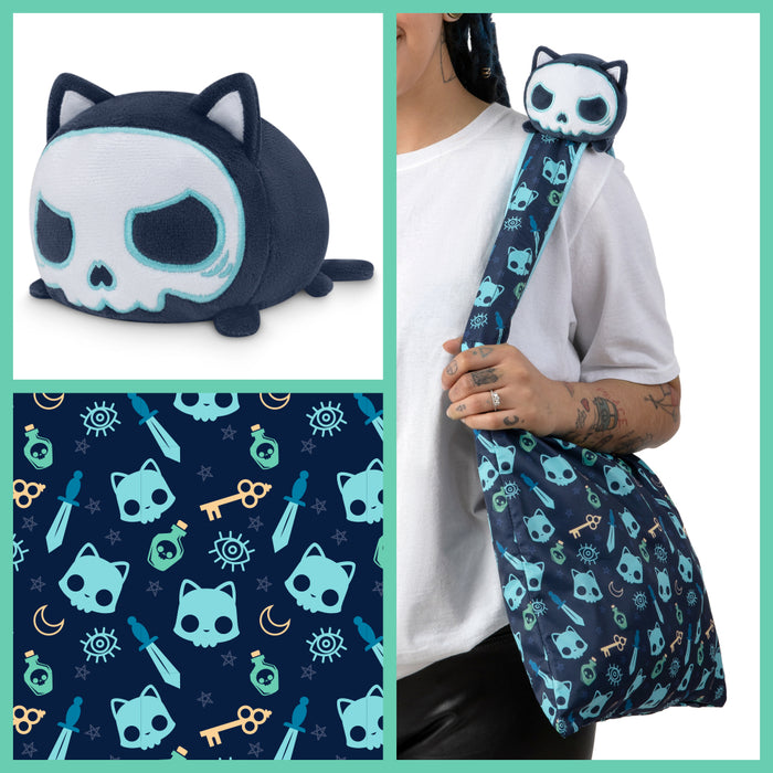 Plushie Tote Bag: Dark Blue Skulls Tote Bag + Dark Blue Skull Cat Plushie