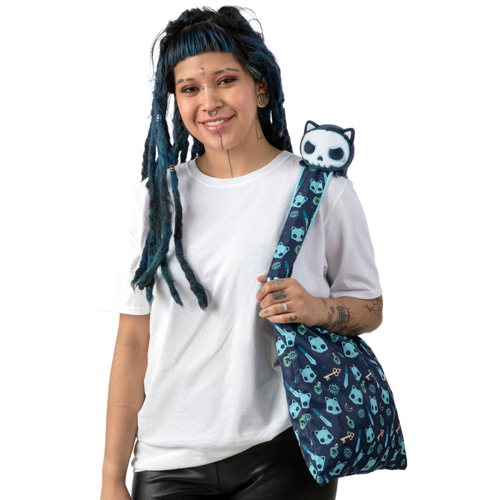 Plushie Tote Bag: Dark Blue Skulls Tote Bag + Dark Blue Skull Cat Plushie