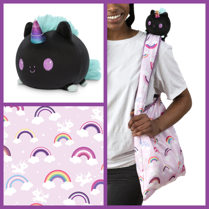 Plushie Tote Bag: Pink Rainbows Tote Bag + Black Unicorn Plushie