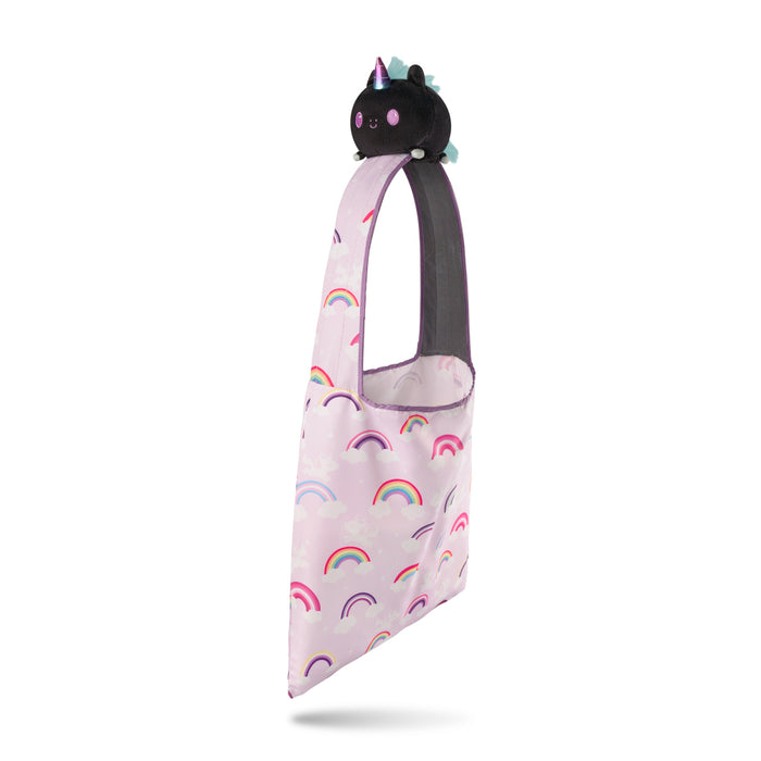 Plushie Tote Bag: Pink Rainbows Tote Bag + Black Unicorn Plushie