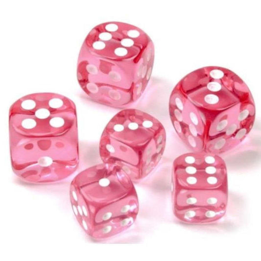 CHESSEX DICE:  Translucent: Lab Dice 16mm D6 Pink with White 12 count (CHX 23614)