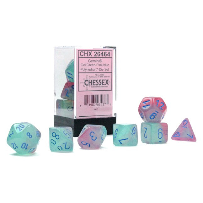 CHESSEX DICE:  Poly Gel Green-Pink/blue Luminary 7-Die Set (CHX 26464)