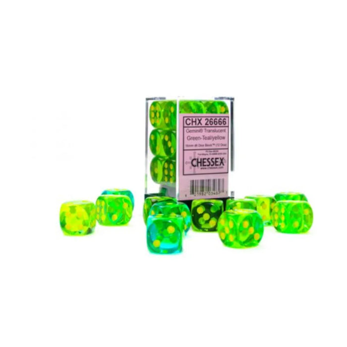 CHESSEX DICE: Translucent: Gemini 16mm D6 Green-Teal/Yellow 12 count (CHX 26666)