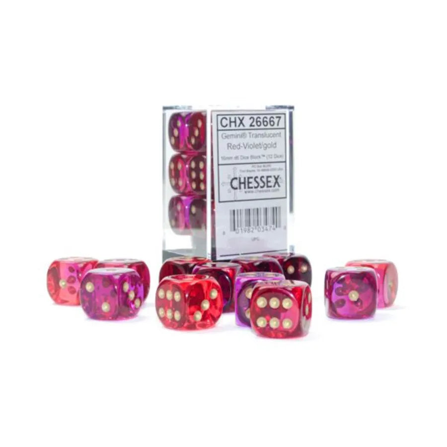 CHESSEX DICE: Translucent: Gemini 16mm D6 Red-Violet/Gold 12 count (CHX 26667)