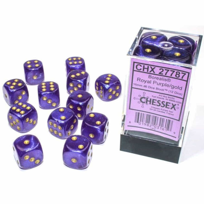 CHESSEX DICE: D6 16MM Borealis Dice, Royal Purple/Gold Luminary (12 Dice) (CHX 27787)