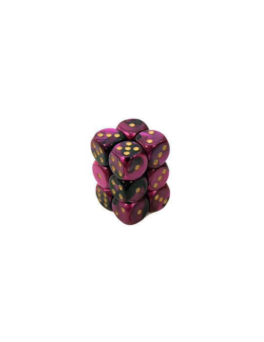 CHESSEX DICE: D6 -- 16mm D6 Gemini Black-Purple/gold, 12CT (CHX 26640)