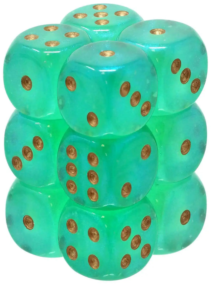 CHESSEX DICE: D6 -- 16mm D6 Borealis Light Green/gold, 12CT (CHX 27775)