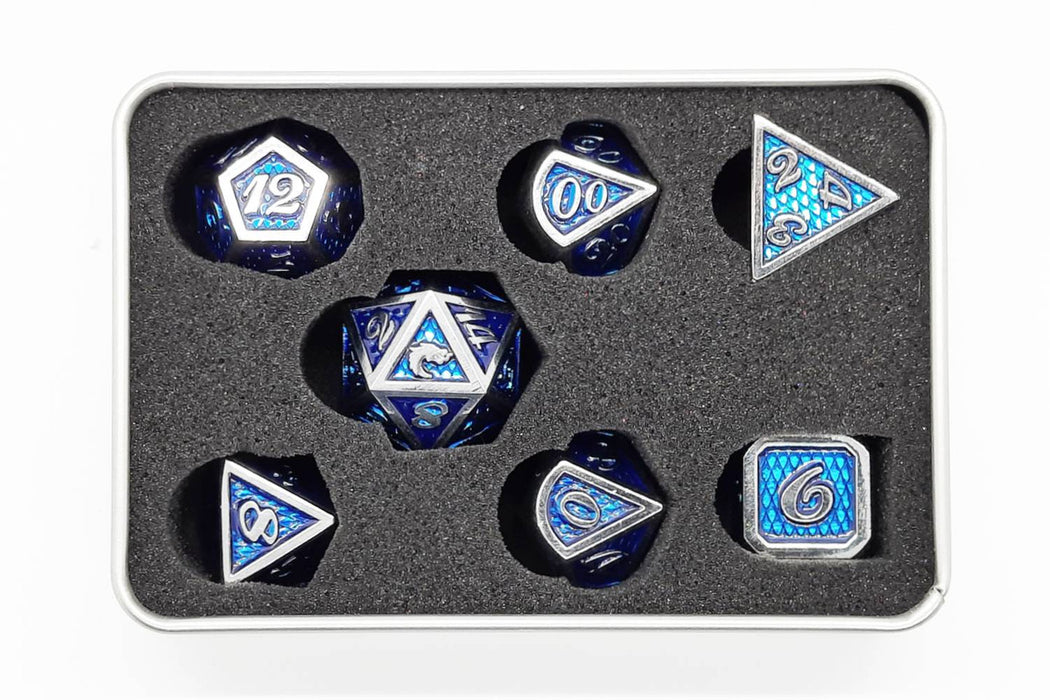 Old School 7 Piece DnD RPG Metal Dice Set: Dragon Scale - Blue