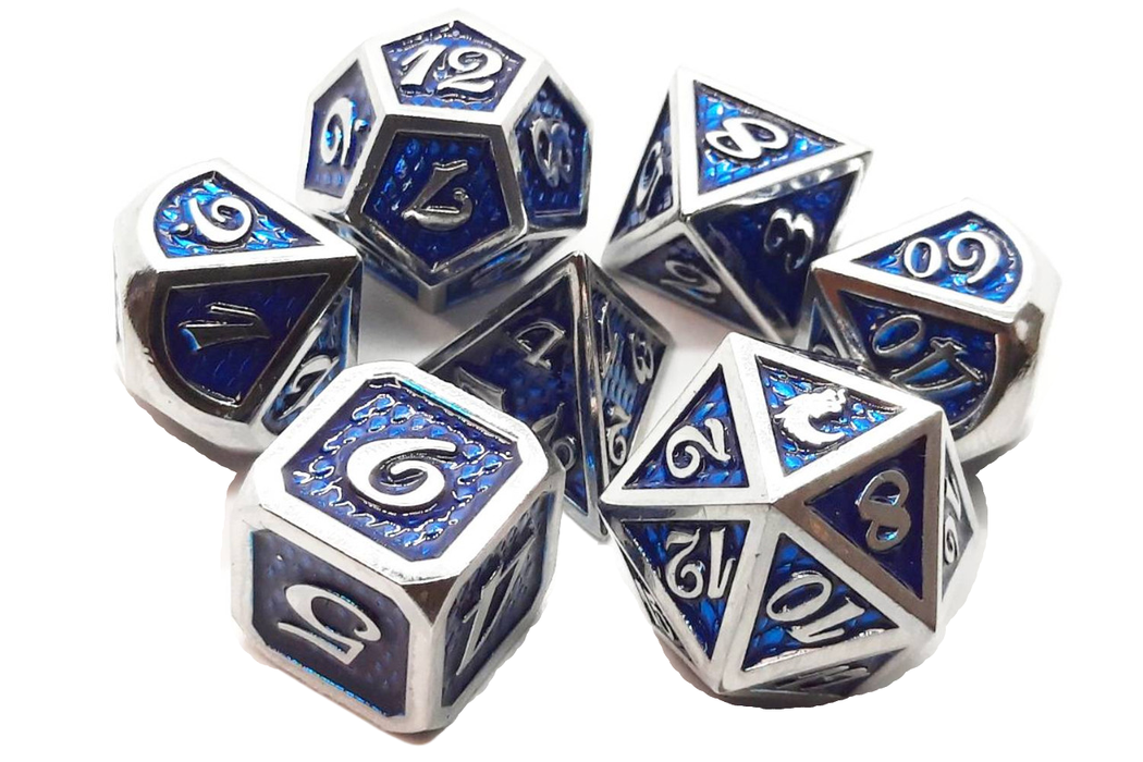 Old School 7 Piece DnD RPG Metal Dice Set: Dragon Scale - Blue