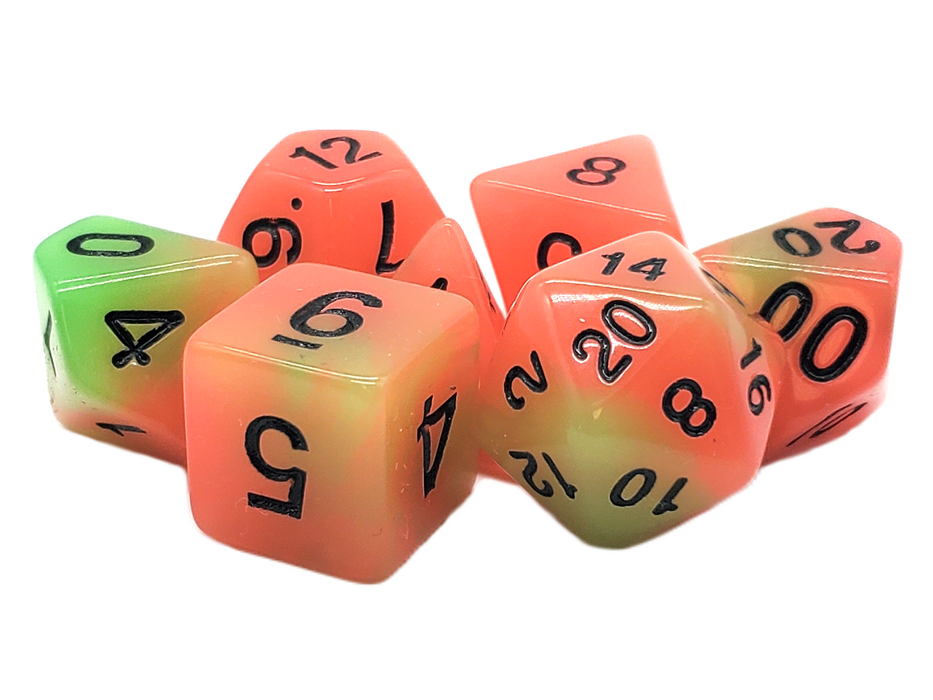 Old School 7 Piece D&D RPG Dice Set: Glow Dice - Green & Orange