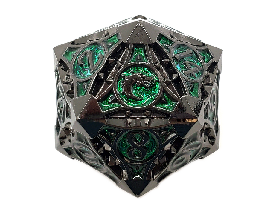 Old School 40mm D20 Metal Die: Gnome Forged - Black Nickel w/ Green