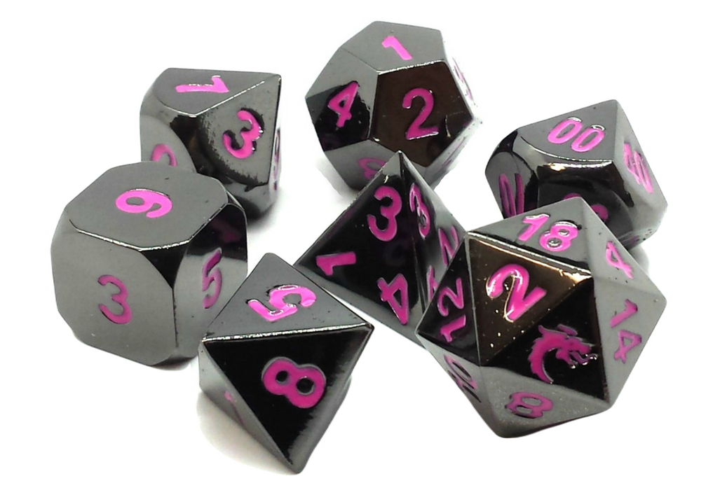 Old School 7 Piece DnD RPG Metal Dice Set: Halfling Forged - Black Nickel w/ Pink