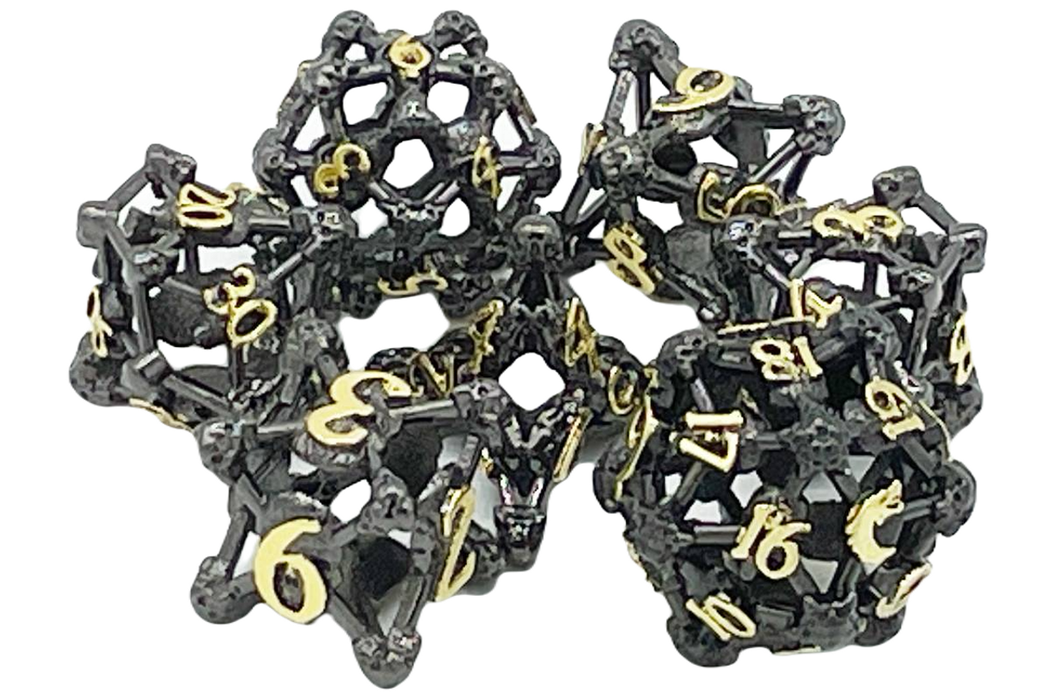 Old School 7 Piece D&D RPG Metal Dice Set: Hollow Skull Dice - Black Nickel w/ Gold