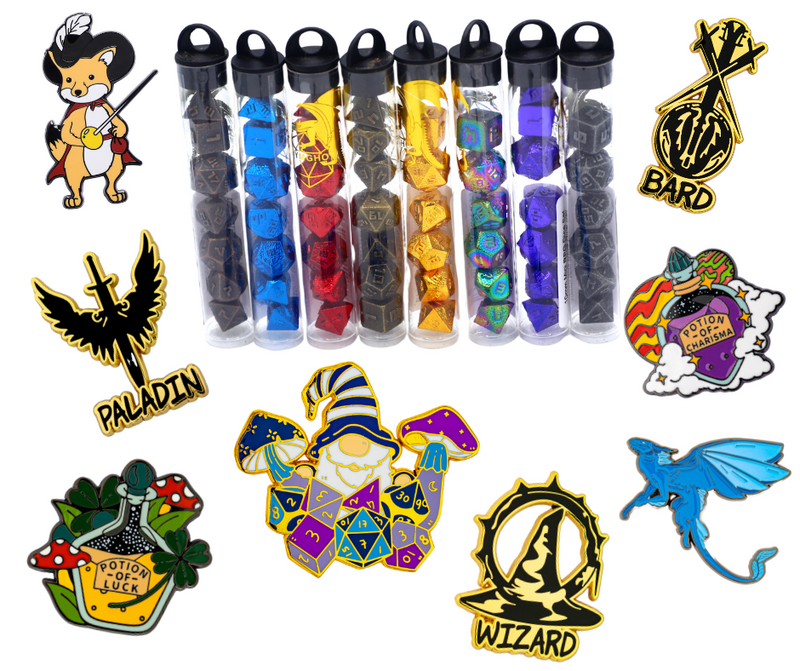 Tiny Treasures Mystery Pack of One 10mm Mini Dice Set and 1 Enamel Pin