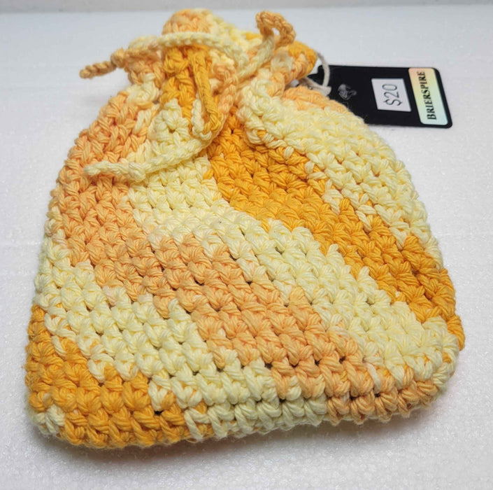Knitted Purple and Yellow/Orange Dice Bag with dice