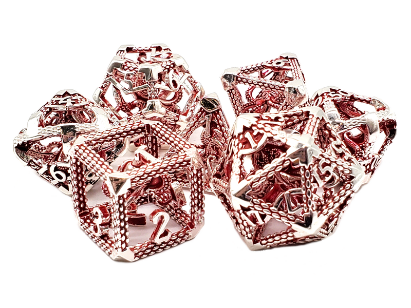 Old School 7 Piece DnD RPG Hollow Metal Dice Set: The Kraken - Silver w/ Red