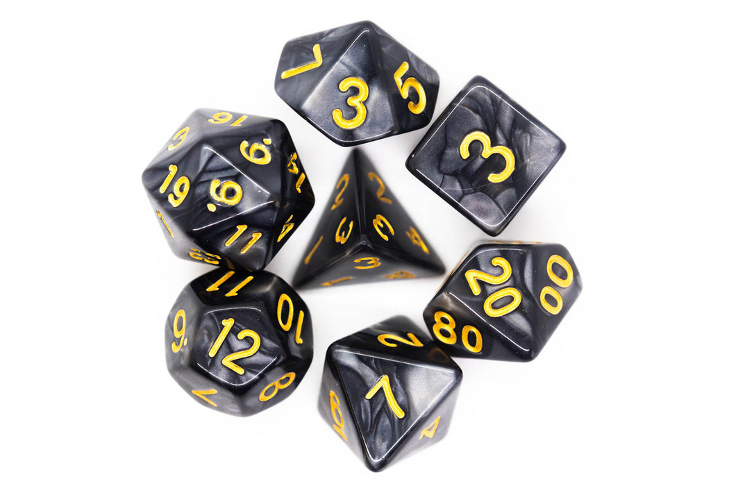 Old School 7 Piece D&D RPG Dice Set: Pearl Drop - Black w / Gold