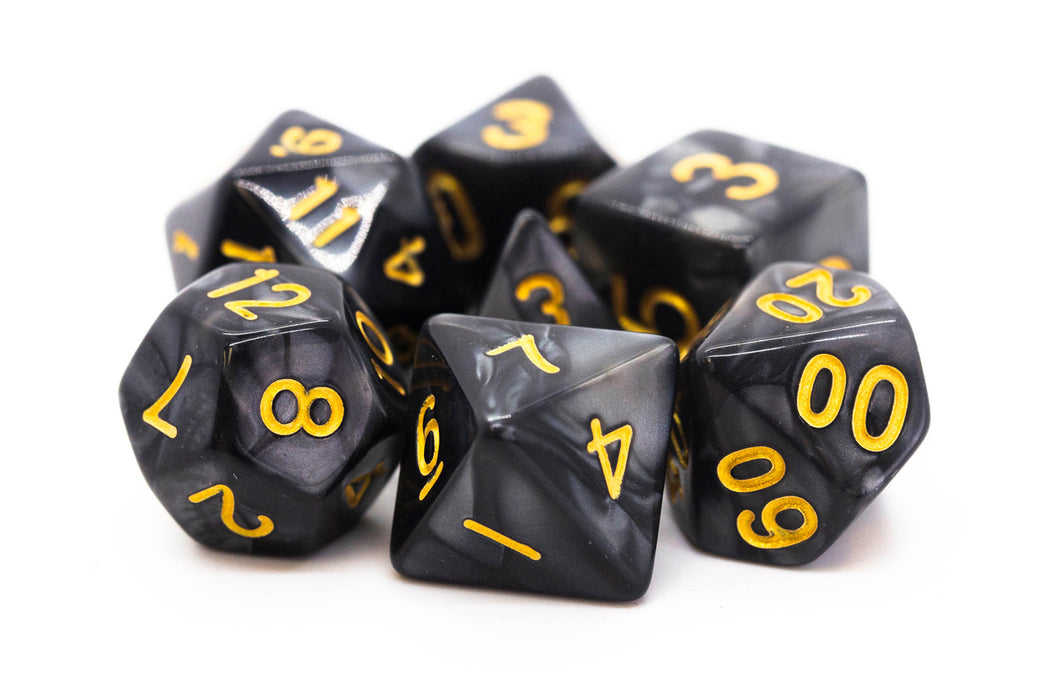 Old School 7 Piece D&D RPG Dice Set: Pearl Drop - Black w / Gold