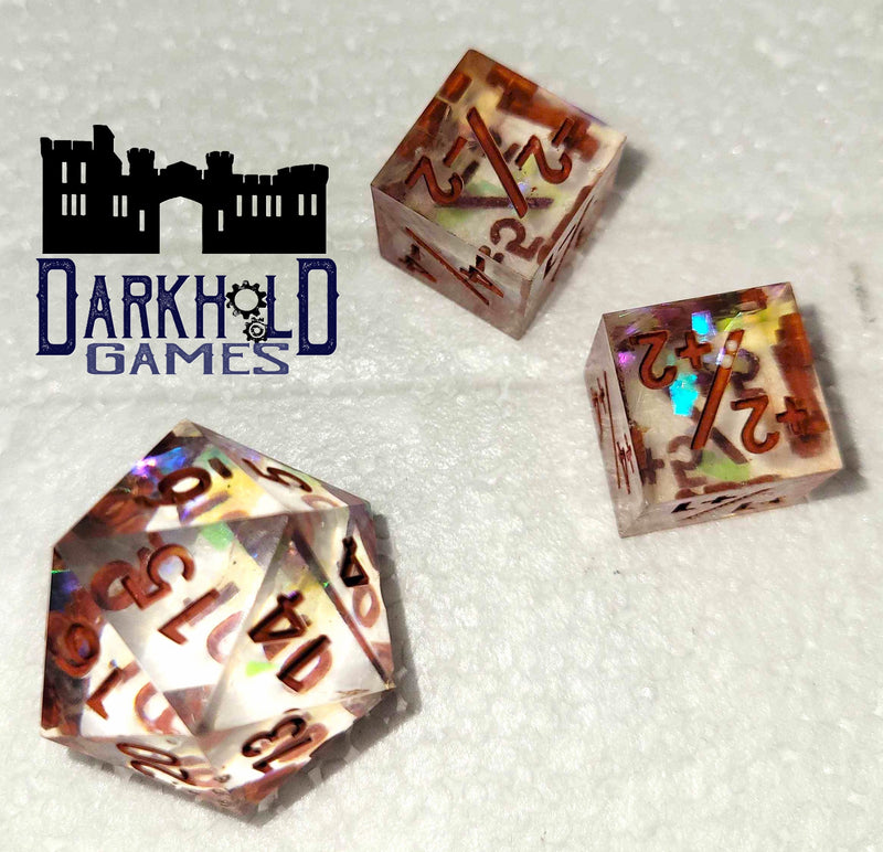 D20 With Plus/Minus Dice - Clear with Rust Colored Numbers
