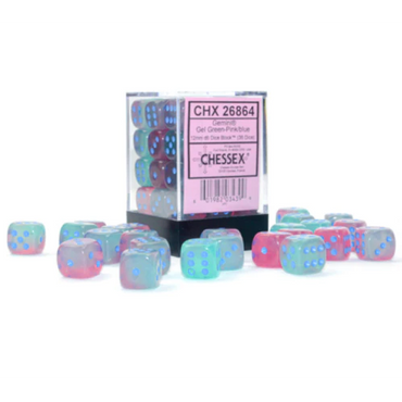 CHESSEX DICE:  Gemini Gel Green-Pink/blue 12mm D6 (36 Dice) (CHX 26864)