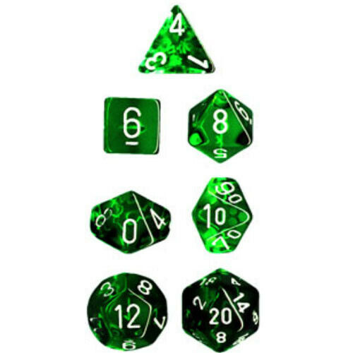 CHESSEX DICE:  7CT TRANSLUCENT DICE SET, Green/White (CHX 23075)