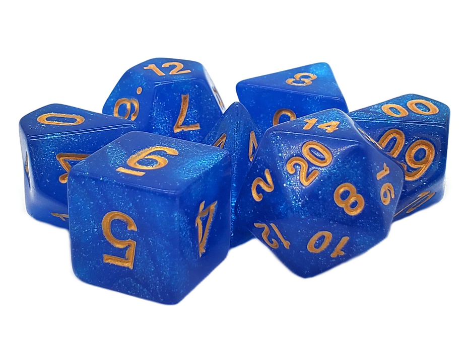 Old School 7 Piece DnD RPG Dice Set: Galaxy - Blue Shimmer w/ Gold
