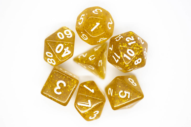 Old School 7 Piece D&D RPG Dice Set: Sparkle - Translucent Gold