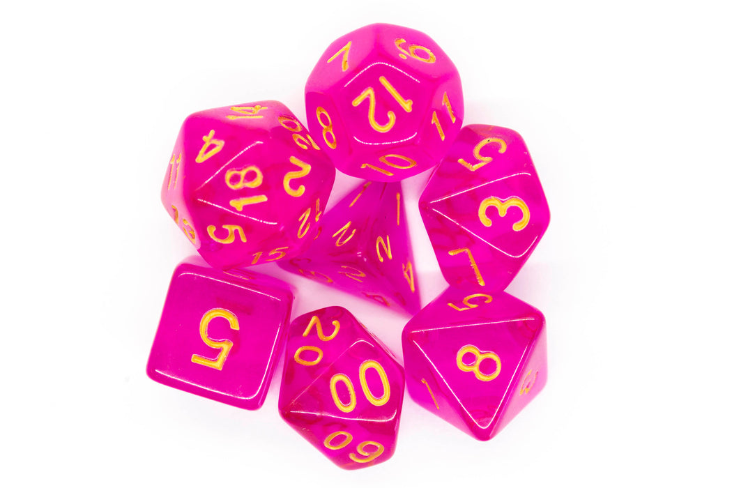 Old School 7 Piece D&D RPG Dice Set: Translucent Magenta w/ Gold