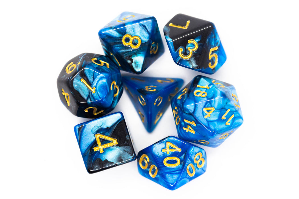 Old School 7 Piece D&D RPG Dice Set: Vorpal - Black & Blue w/ Gold