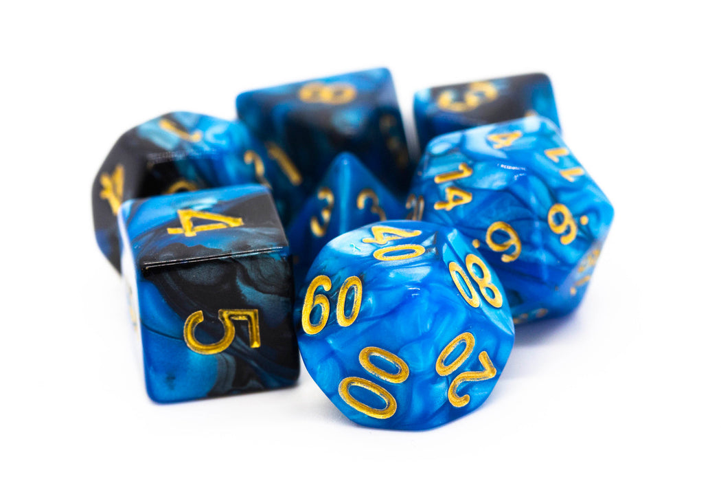 Old School 7 Piece D&D RPG Dice Set: Vorpal - Black & Blue w/ Gold