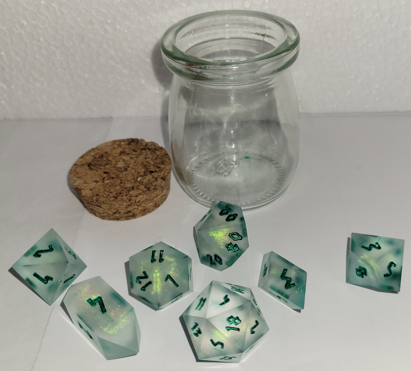 7 Piece Polyhedral Set - White and Green Fairy Lights