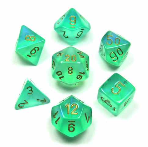 CHESSEX DICE: 7CT Borealis POLY Dice Set, Light Green/gold  CHX27425