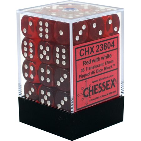 CHESSEX DICE: D6 -- 12MM TRANSLUCENT DICE, RED/WHITE; 36CT (CHX23804)