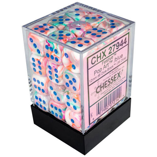CHESSEX DICE: D6 -- 12MM Festive Dice, Pop-Art/Blue, 36CT (CHX 27944)