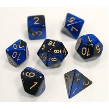 CHESSEX DICE:  7CT GEMINI BLACK-BLUE W/GOLD DICE SET (CHX 26435)